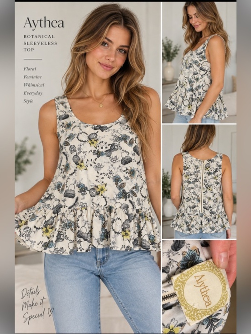Aythea Floral Botanical Sleeveless Ruffle Hem Tunic Top Medium